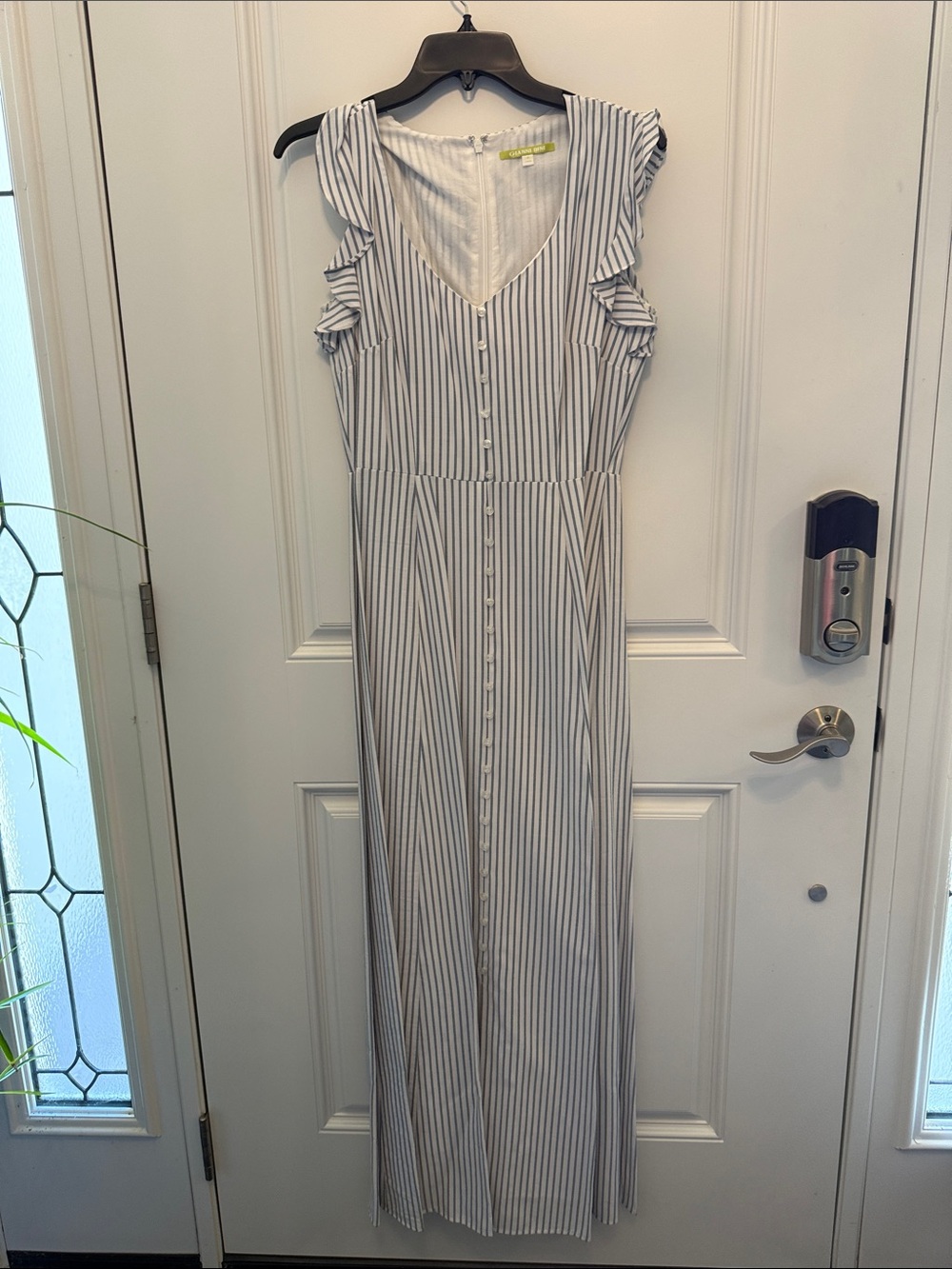 Gianni Bini White and Light Blue Striped Maxi Dress with Ruffle Sleeves